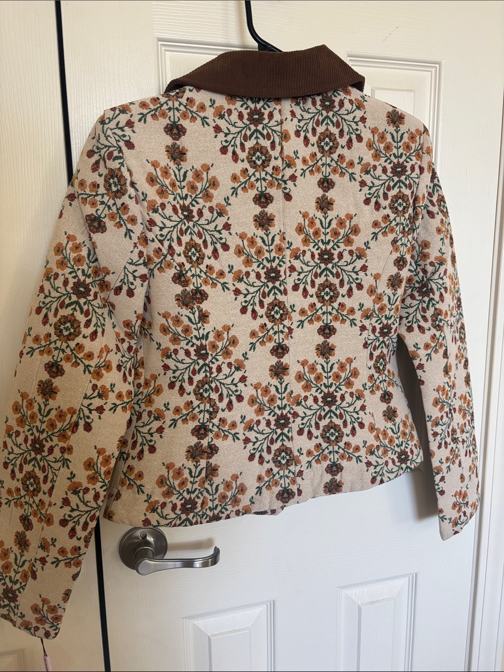 Avec Les Filles Cream Floral Cream Jacquard Cropped Jacket Brown Corduroy Collar - Picture 8 of 8